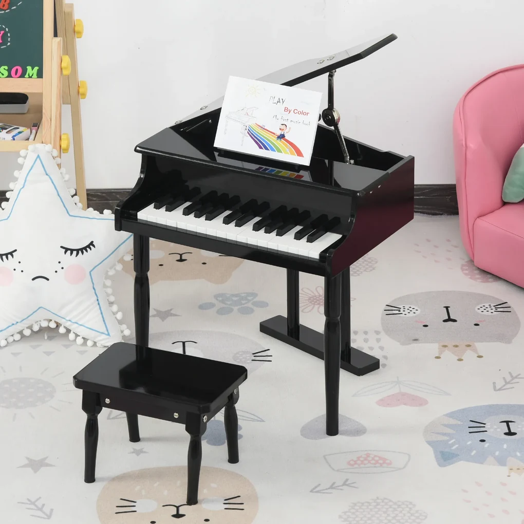 HOMCOM Mini piano infantil com banco 30 teclas com suporte para partitura  52x50x49 cm preto