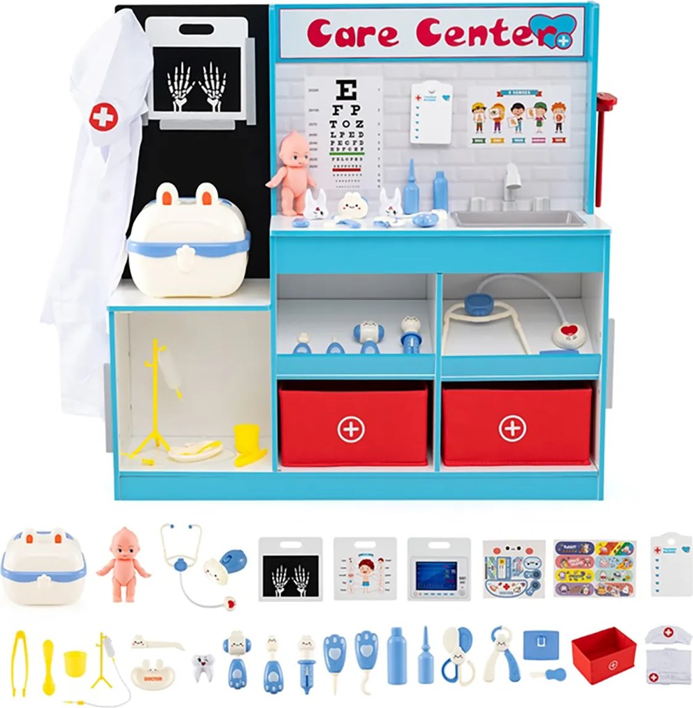 Consultório médico em madeira para Crianças 85 x 25 x 80 cm com área de exame, filme de raios X, monitor de ECG e tabela optométrica Azul