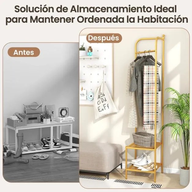 Guarda Roupa de canto 2 em 1  para roupa com gancho superior e 2 prateleiras Economia de espaço 42,5 x 42,5 x 193,5 cm Dourado