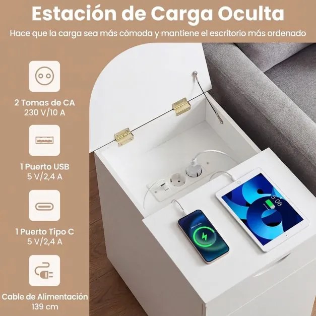 Conjunto de 2 mesas de cabeceira, mesa apoio 35 x 60 x 62 cm com estação de carregamento com gaveta Brancas