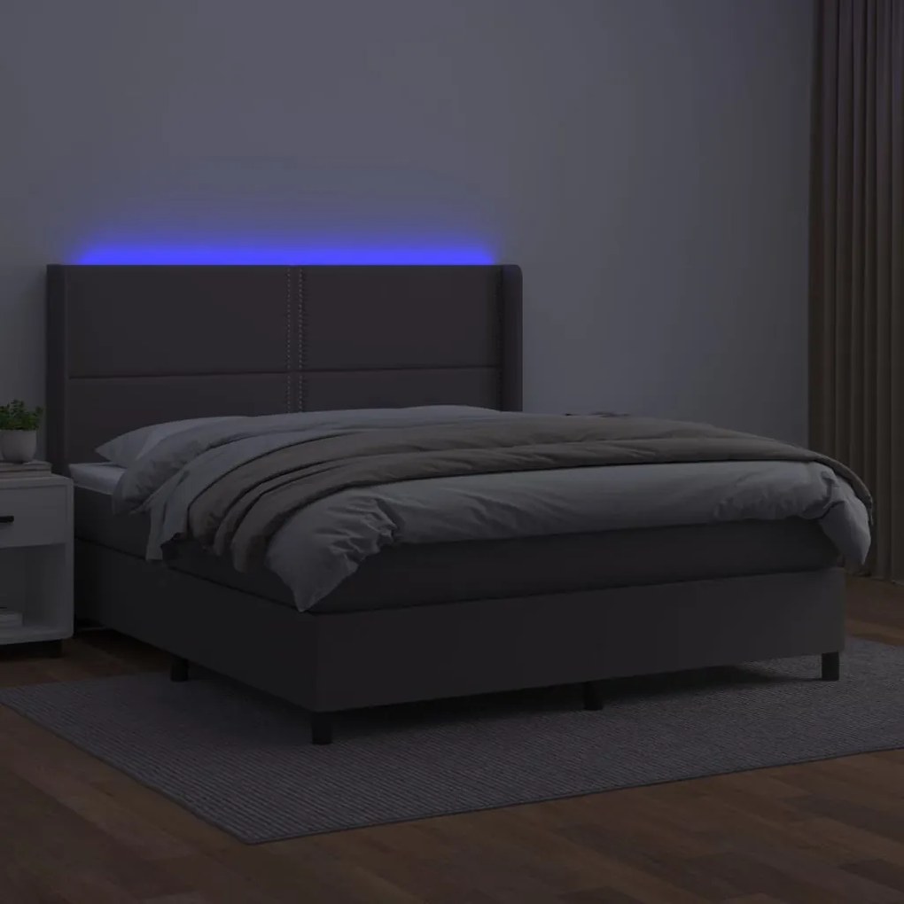 Cama box spring c/ colchão/LED 160x200cm couro artificial cinza