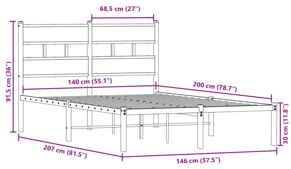 Estrutura de cama sem colchão 140x200 cm metal carvalho sonoma