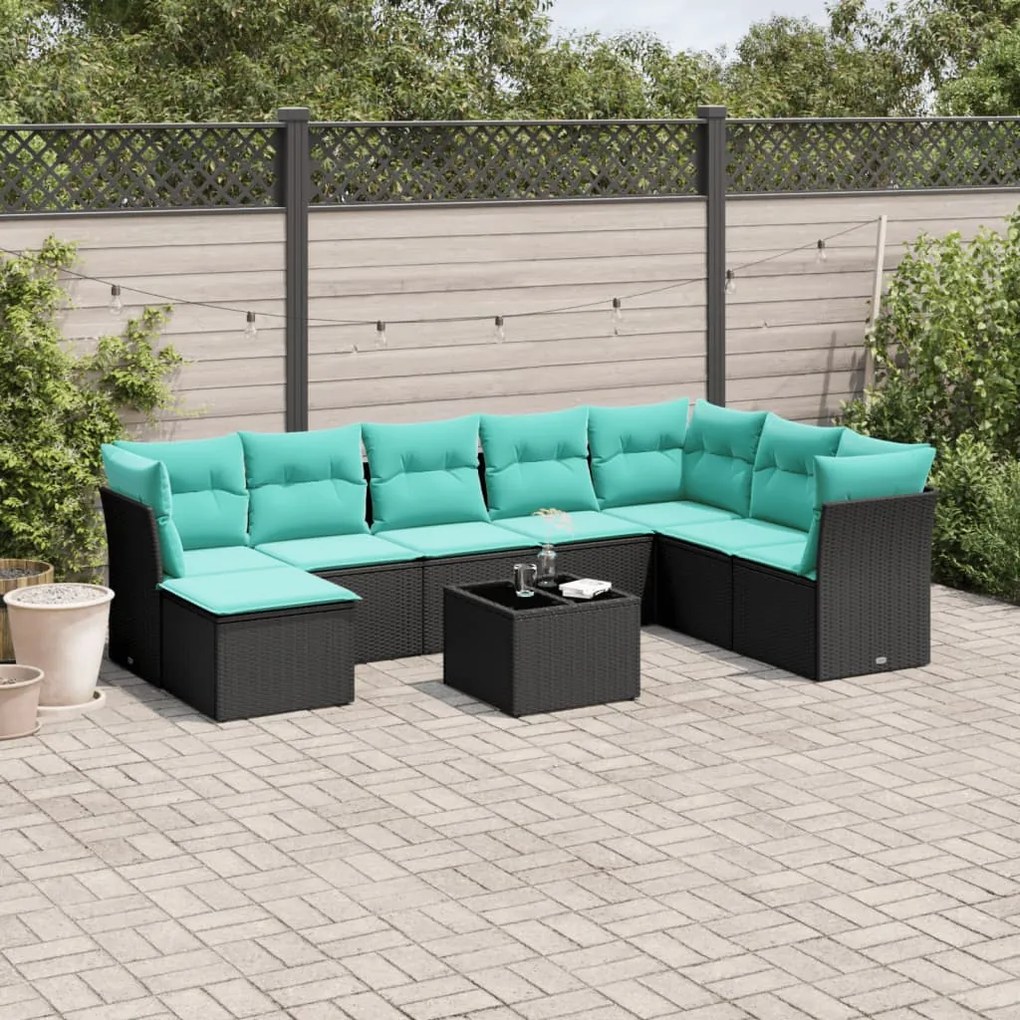 vidaXL 9 pcs conjunto de sofás p/ jardim c/ almofadões vime PE preto