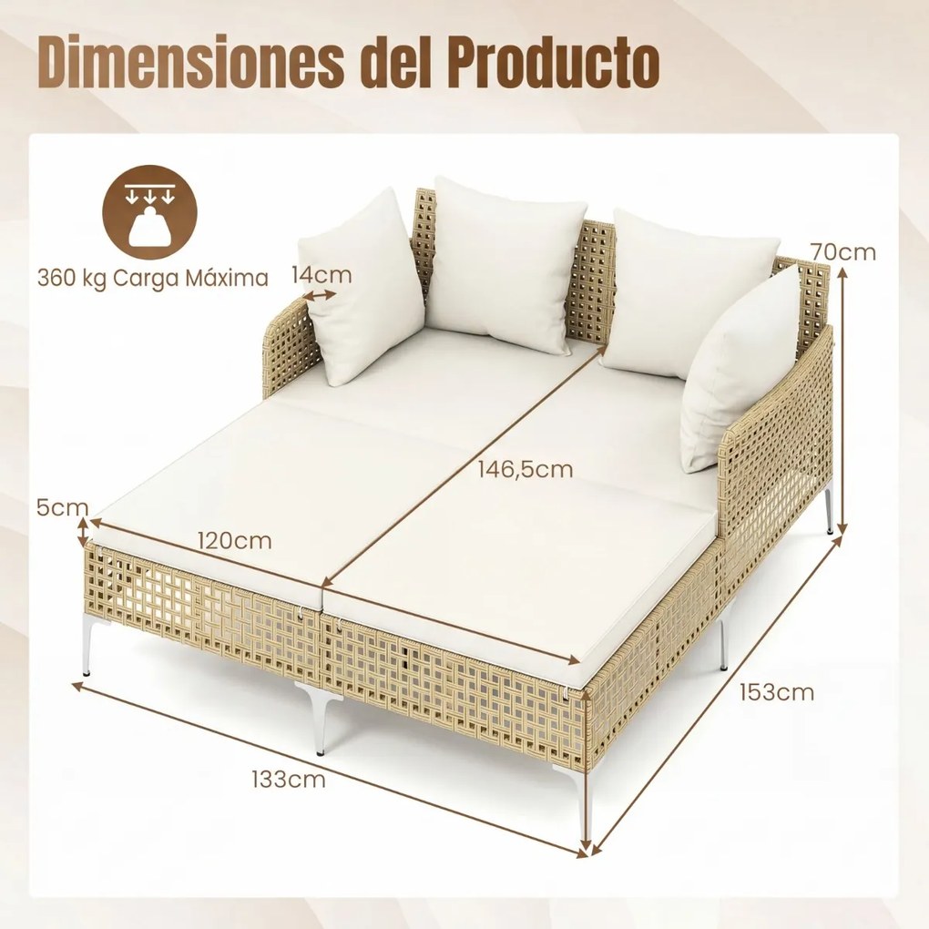 Espreguiçadeira cama dupla de rattan para jardim, para 2 pessoas, com almofadas de assento e encosto e estrutura metálica, para jardim, piscina e terr