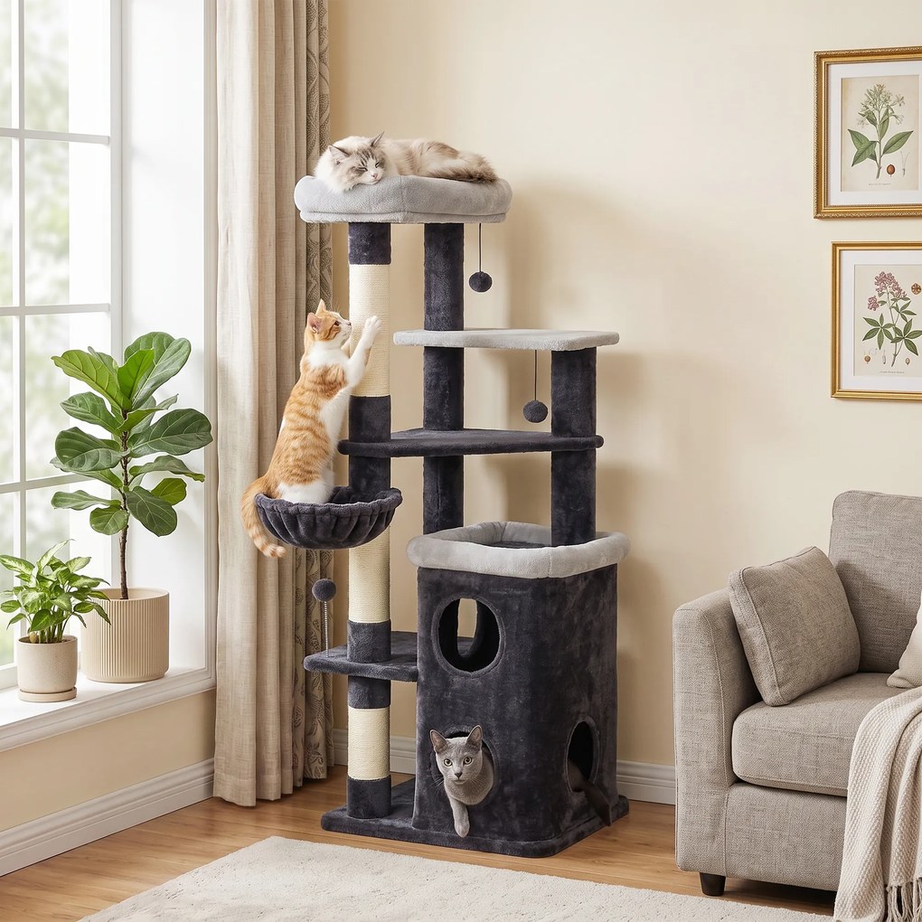 Árvore Arranhadora para Gatos 148 cm com Casota de 2 Níveis, Camas, Rede, Postes em Sisal e Bolas Suspensas