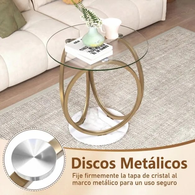 Mesa de centro redonda 60x60x61,5 cm moderna em vidro temperado com estrutura metálica em forma de anel  para sala de estar, escritório, casa e espaço