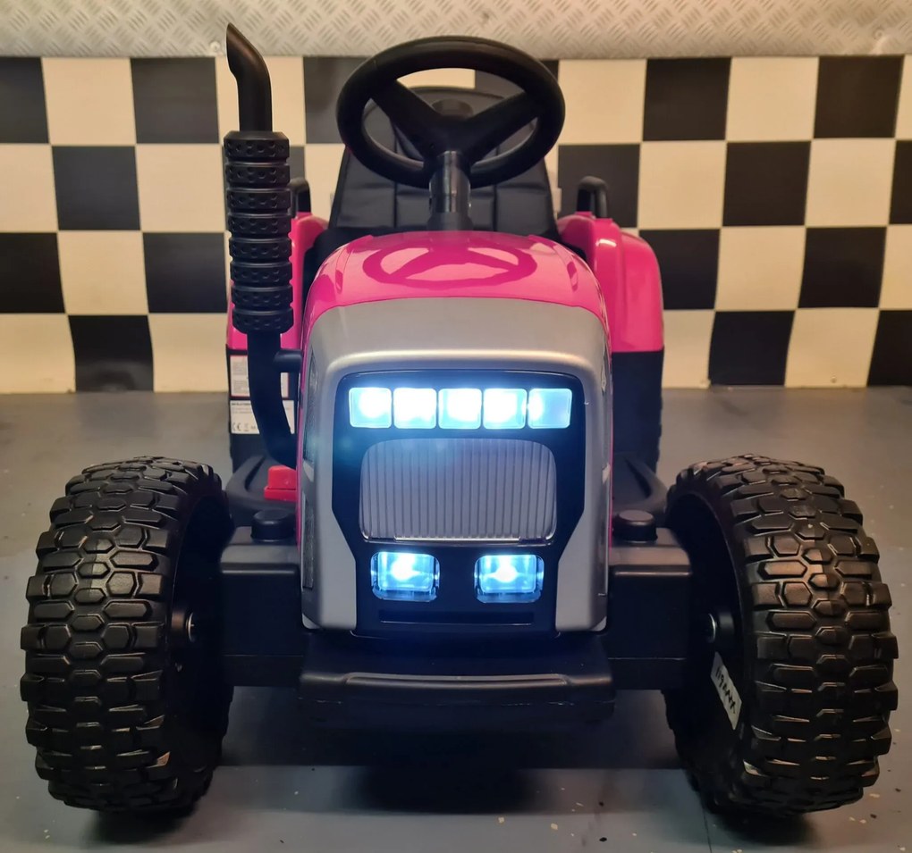 Tractor de bateria para crianças 12 volts, Pneus borracha, banco em pele, com reboque e Comando Rosa