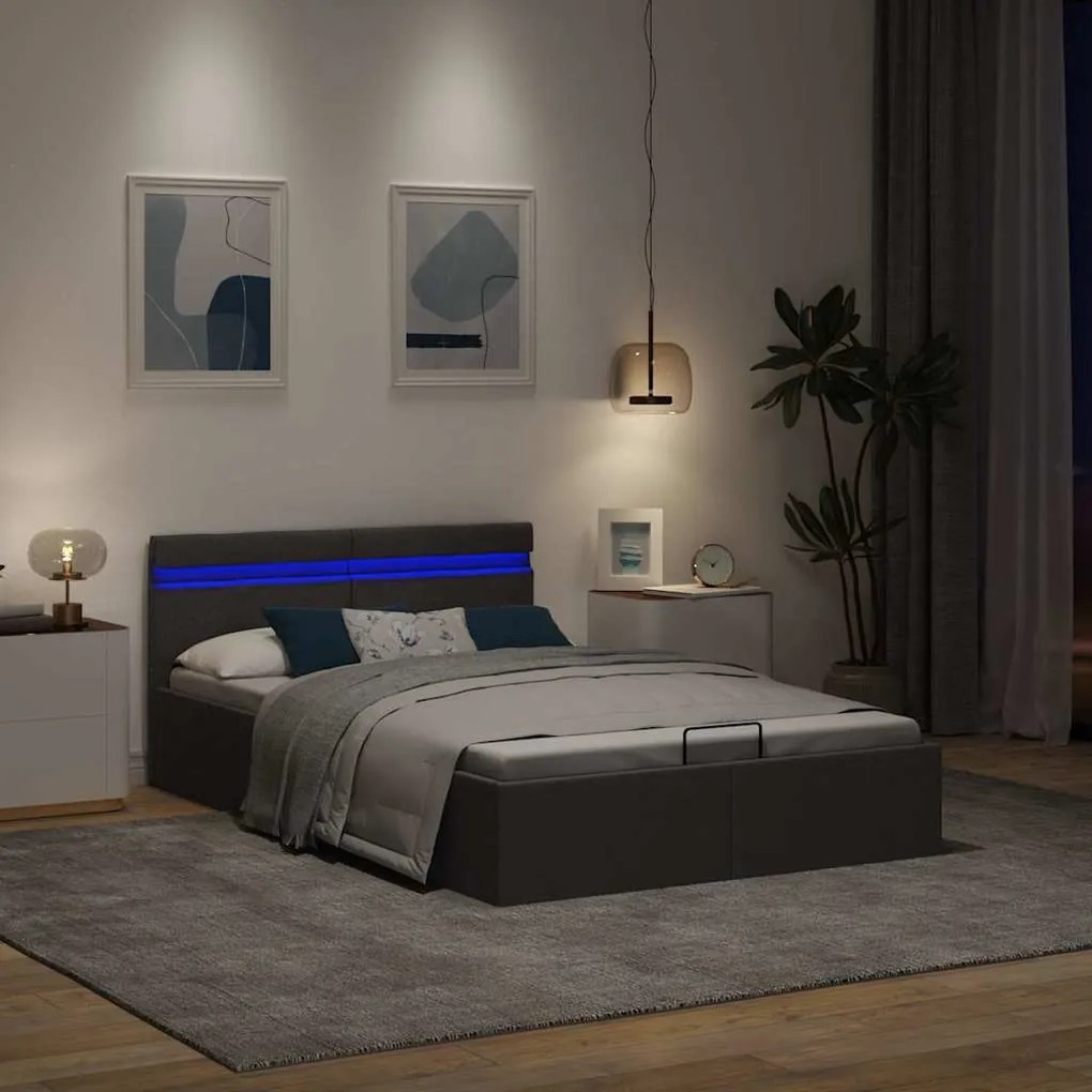Cama hidráulica c/ arrumação LED 120x200cm tecido cinza-escuro