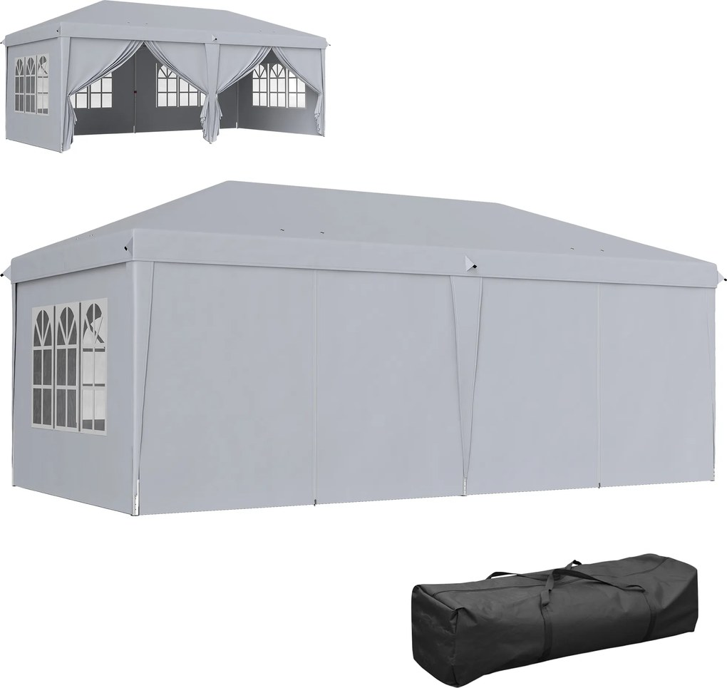 Tenda dobrável tipo barnum pop-up 6 x 3 x 2,7 m, 4 paredes laterais amovíveis, 4 janelas, saco de transporte cinzento claro