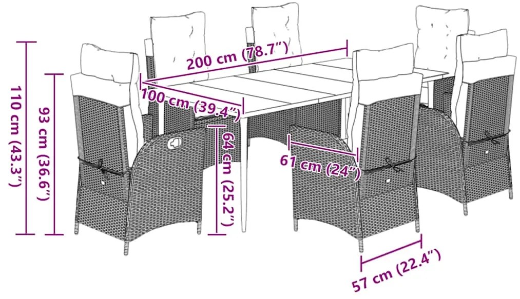 7 pcs conjunto de jantar p/ jardim c/ almofadões vime PE preto