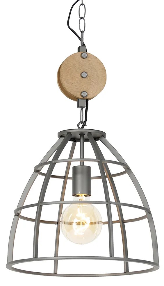 Candeeiro de suspensão industrial cinzento escuro com madeira 34 cm - Arthur Industrial
