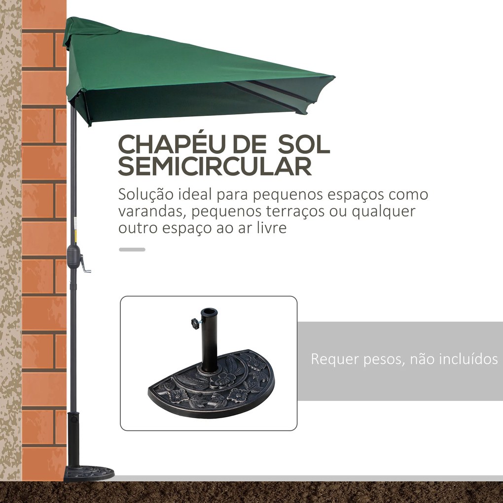 Chapéu de Sol Semicircular 230x130x245 cm Chapéu de Sol para Parede com Manivela Proteção UV 30+ e Mastro Metálica Ø38 mm Verde