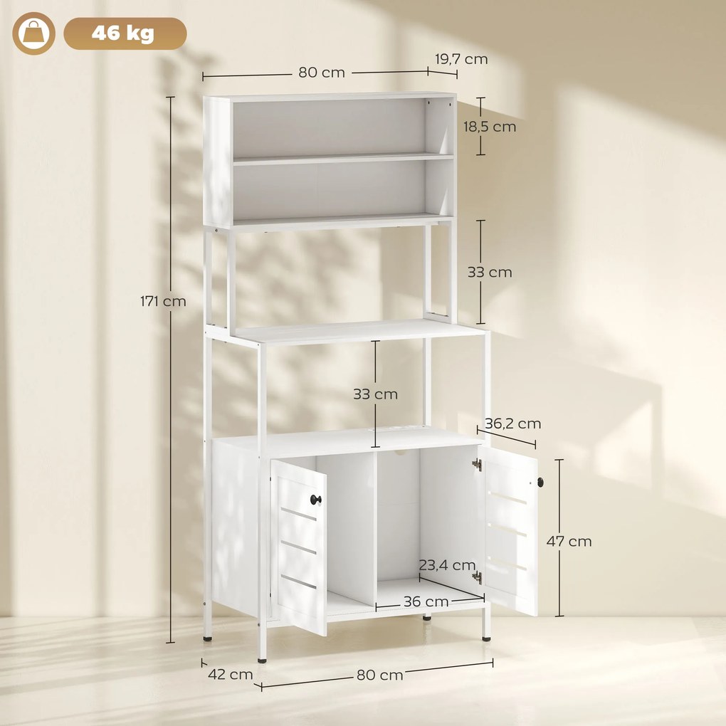 Armário de Cozinha com Tomada de Corrente Suporte para Micro-Ondas 2 Entradas USB e Compartimentos 80x42x171 cm Branco