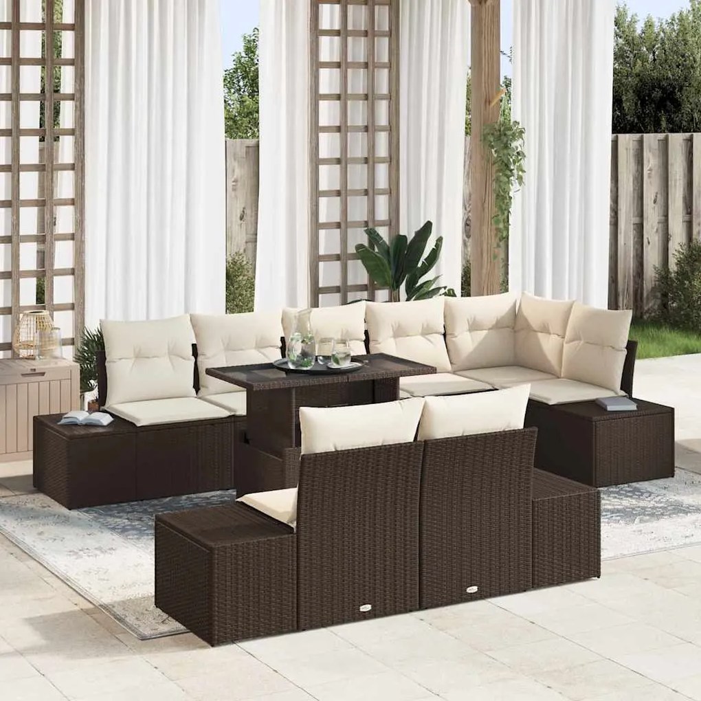 vidaXL Conjunto de Sofá de Jardim de 9 Peças com Almofadas, Rattan Simples Castanho