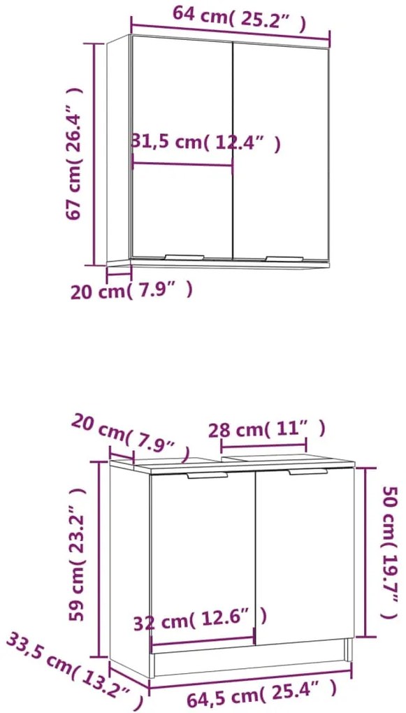 2pcs conj. armários de casa de banho madeira processada branco