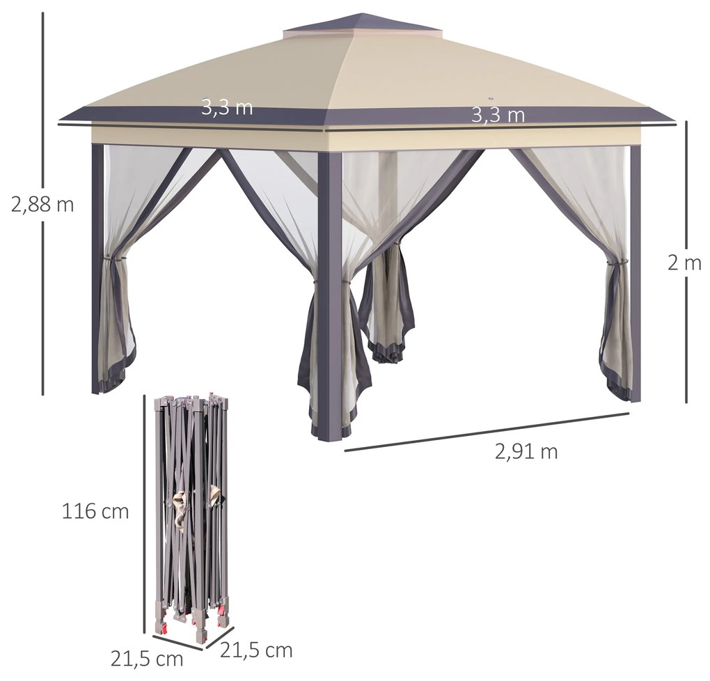 Outsunny Pérgola Dobrável Exterior 3,3x3,3x2,88m com Altura Ajustável Pérgola de Jardim com Duplo Teto 4 Mosquiteiras Removíveis e Bolsa de Transporte para Acampamento Festas Bege