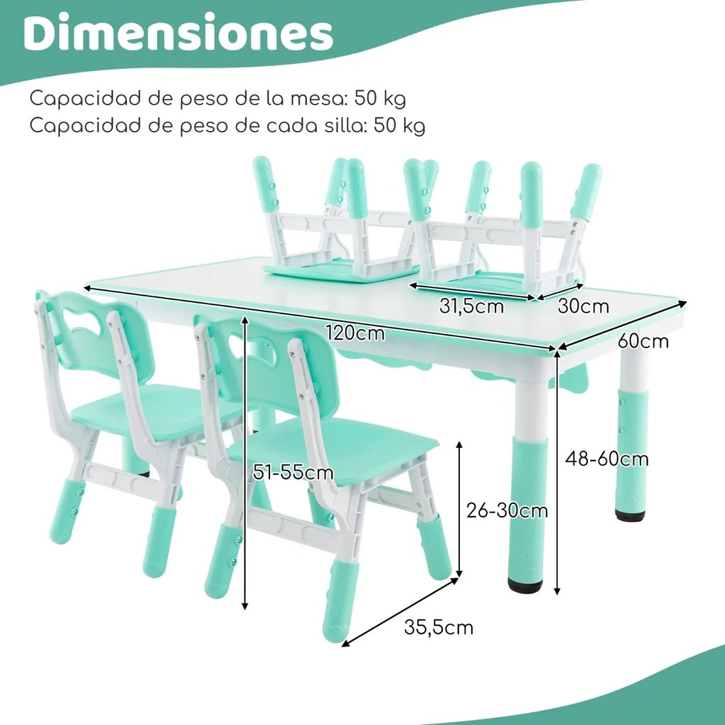 Conjunto de mesa para crianças e 4 cadeiras mesa regulável em altura com superfície de graffiti multifunções para arte e estudo Verde