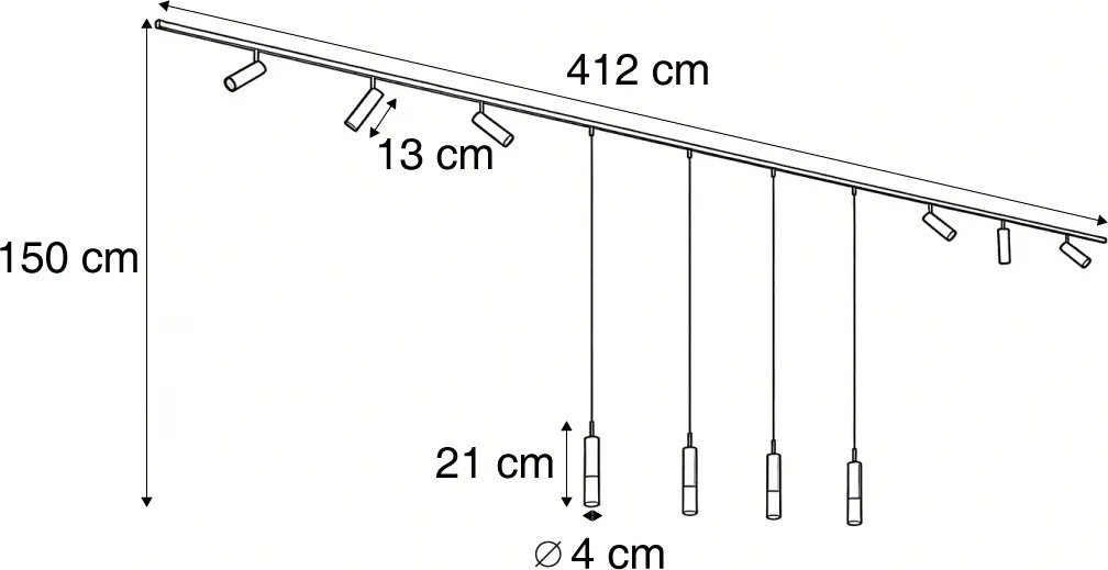 Sistema de calhas de iluminação moderno preto com 6 focos e 4 candeeiros suspensos monofásicos - Slimline Uzzy Loyce