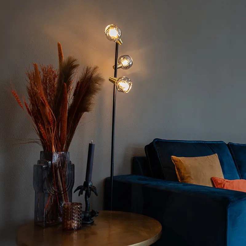 Candeeiro de pé Art Deco preto e dourado com vidro fumê 3 luzes - VIDRO