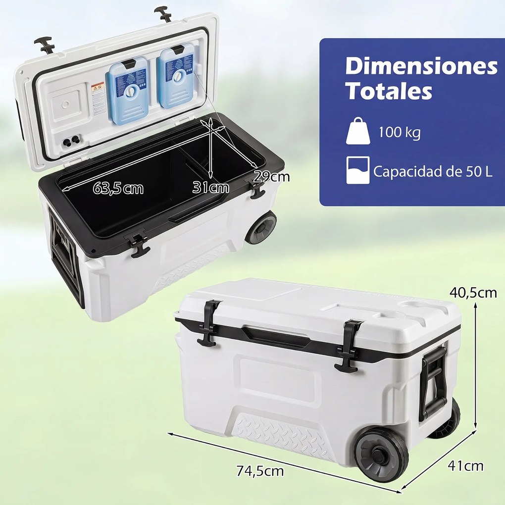 Geleira Portátil com Rodas, 74,5 x 41 x 40,5 cm, Capacidade de 50 L, Branco