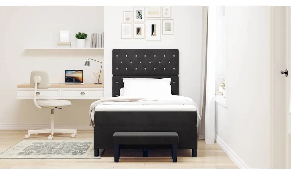 Cama Box Spring com Colchão &amp; Banco Preto 120x190 cm Veludo