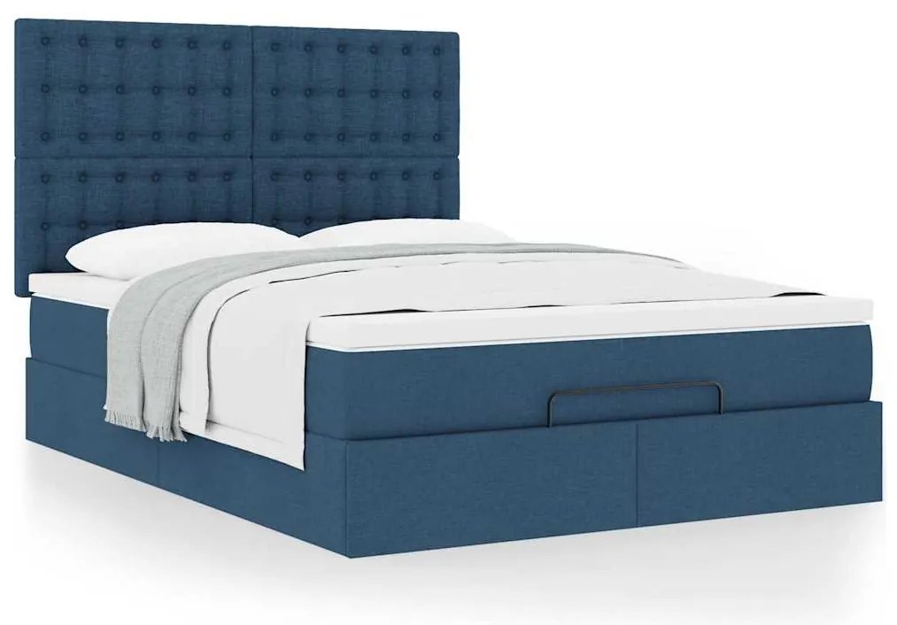Estrutura de cama otomana com colchão tecido azul 140x200cm