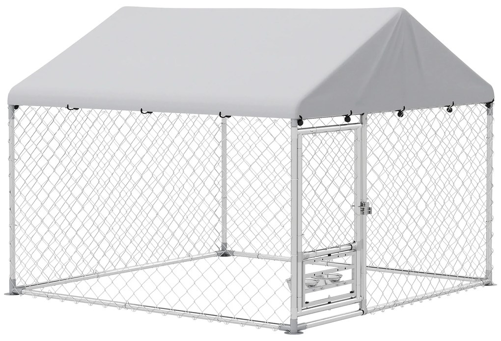 Canil Exterior com Toldo 2x2x1,54 m para Cães (CASOTA NÃO INCLUIDA) em Aço Galvanizado com Suporte para Comida Giratório e Ajustável Prata