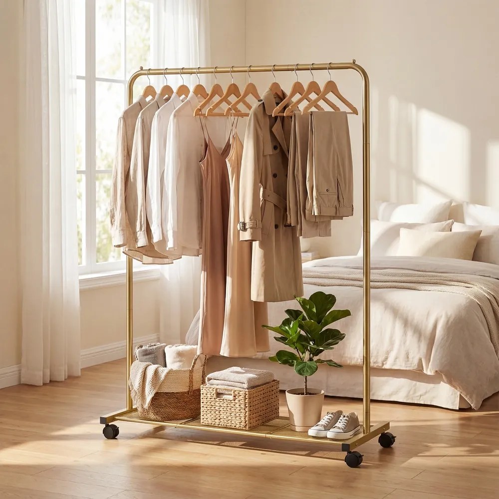 Guarda roupa aberto com rodas 40,5 x 91 x 158 cm, cabide com prateleira, 2 rodas com travão dourado