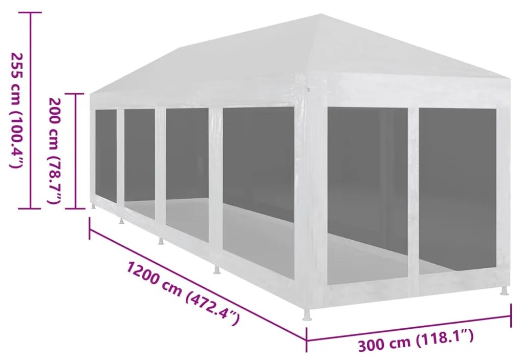 Tenda para festas com 10 paredes laterais em rede 12x3 m