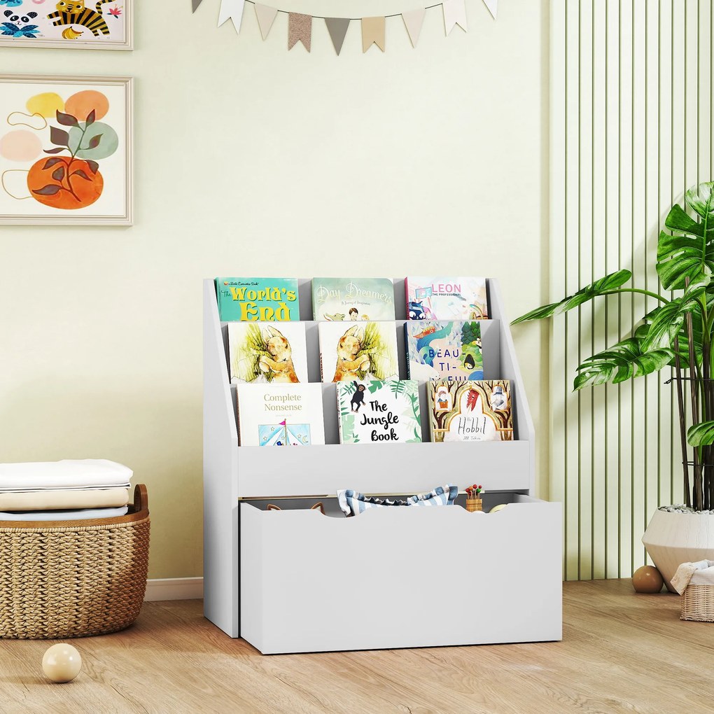 Estante infantil com vários compartimentos, com 3 níveis de prateleiras e uma gaveta, 62,5 L x 30 L x 70 A cm, cinzenta