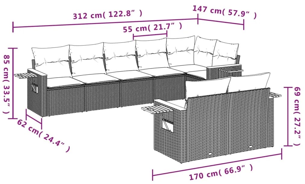 8 pcs conjunto sofás de jardim c/ almofadões vime PE cinzento