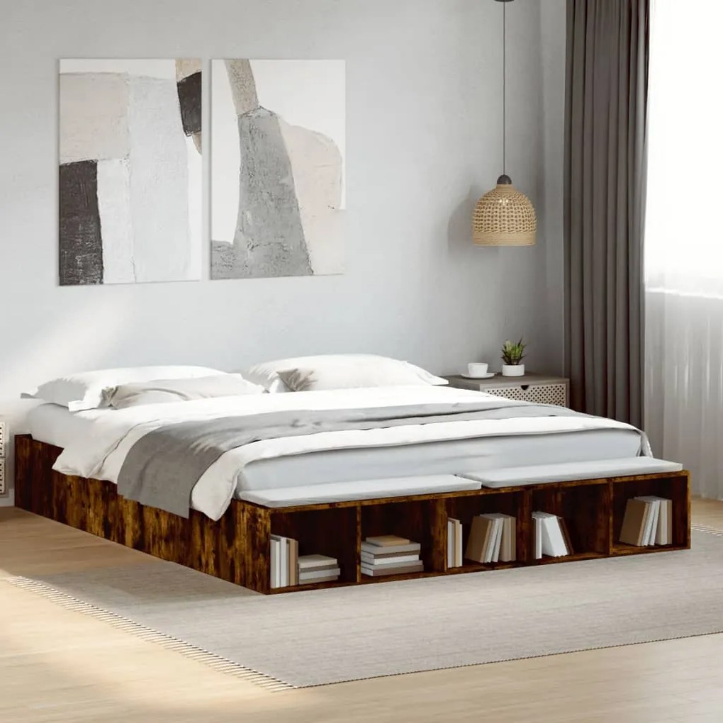 Estrutura de cama 200x200 cm derivados madeira carvalho fumado