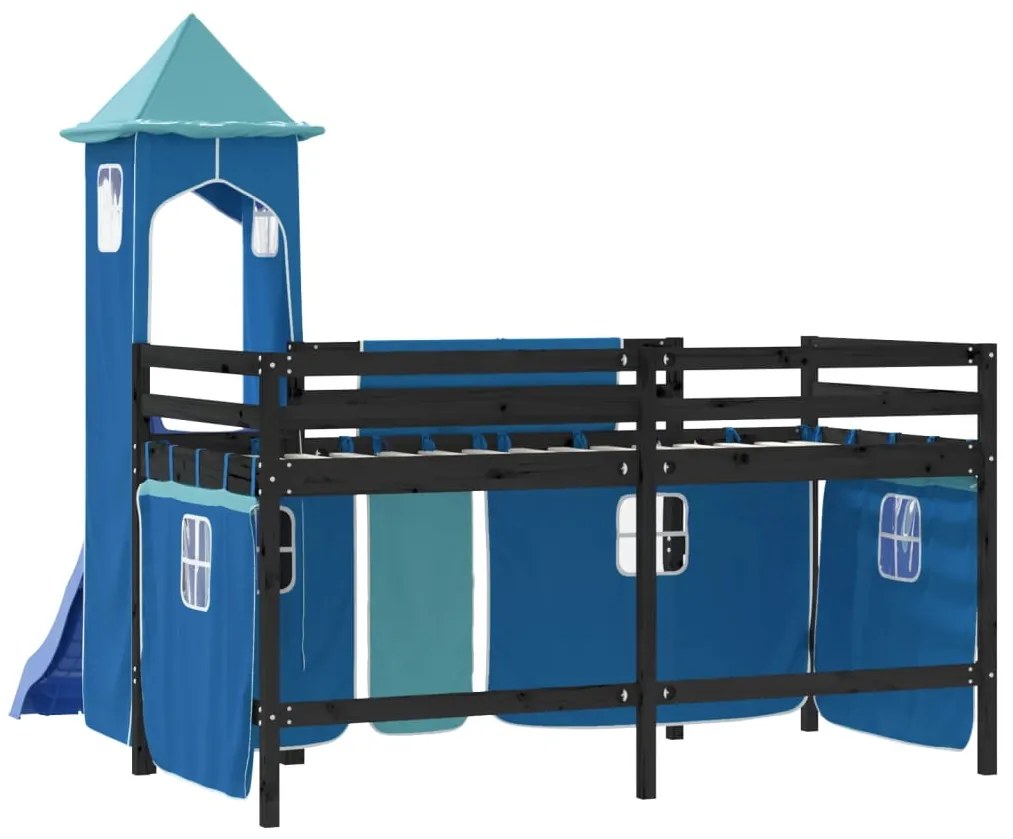Cama alta p/ criança c/ torre 80x200 cm pinho maciço azul