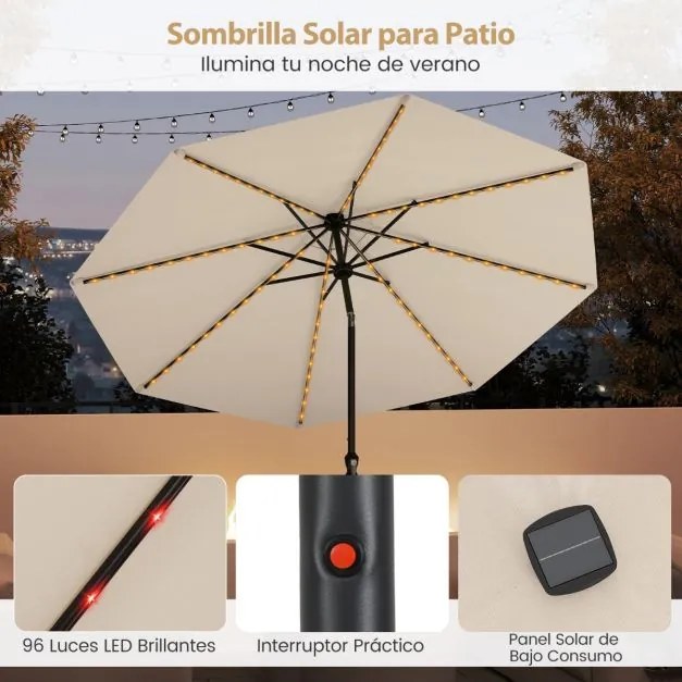 Guarda-sol para jardim 3 M com 96 luzes LED, 9 modos, ajuste de inclinação, manivela fácil, 8 hastes, tampa ventilada bege