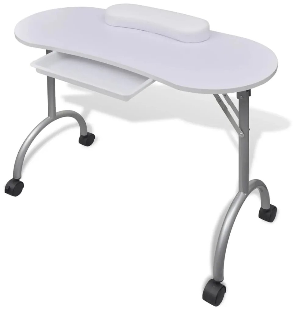 Mesa manicure dobrável com rodas, branca