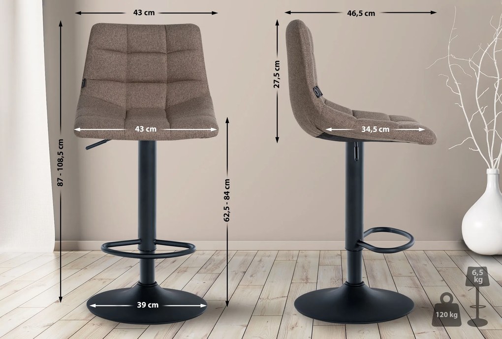Banco de bar Jerry em tecido com estrutura preta 87-108,5 x 43 x 46,5 cm Castanho acinzentado