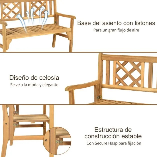 Banco dobrável para jardim Banco de madeira de acácia 120 cm para 2 pessoas com encosto curvo e apoios de braços Cor de teca