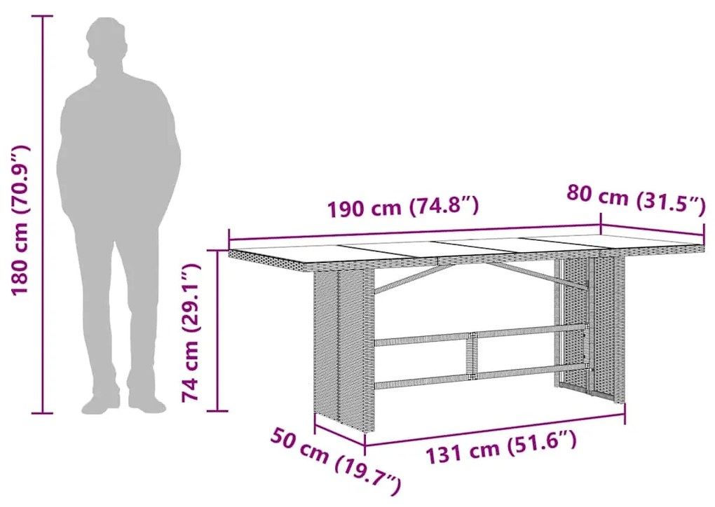 Mesa de jardim com tampo de vidro 190x80x74 cm vime PE preto