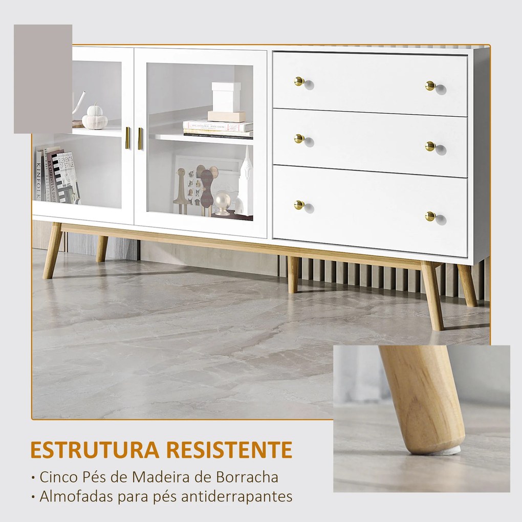 Aparador de Sala de Estar com 2 Portas de Vidro 3 Gavetas e Pés de Madeira de Borracha 160x40x80 cm Branco e Madeira