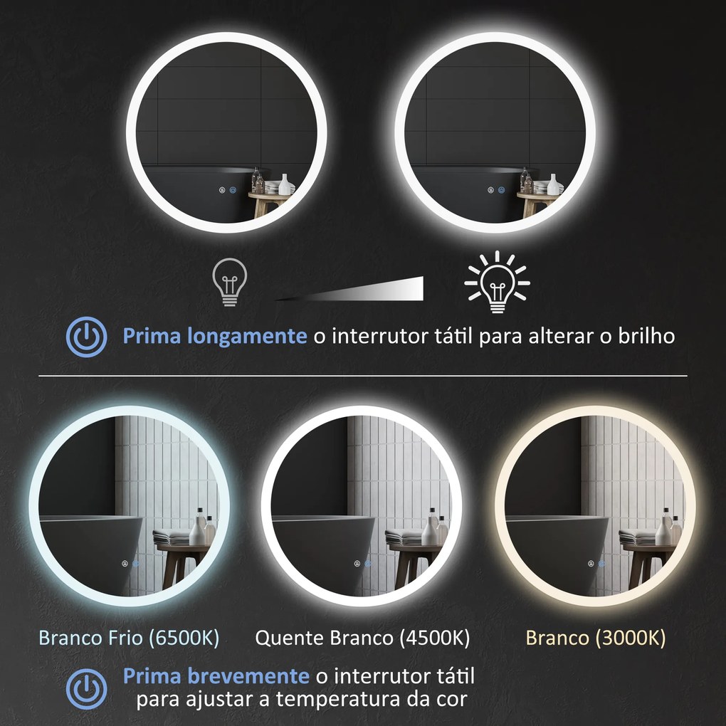 Espelho Casa de Banho Redondo com Luzes LED Ø60 cm Função Antiembaciamento 3 Luzes Função de Memória e Interruptor Tátil Prata