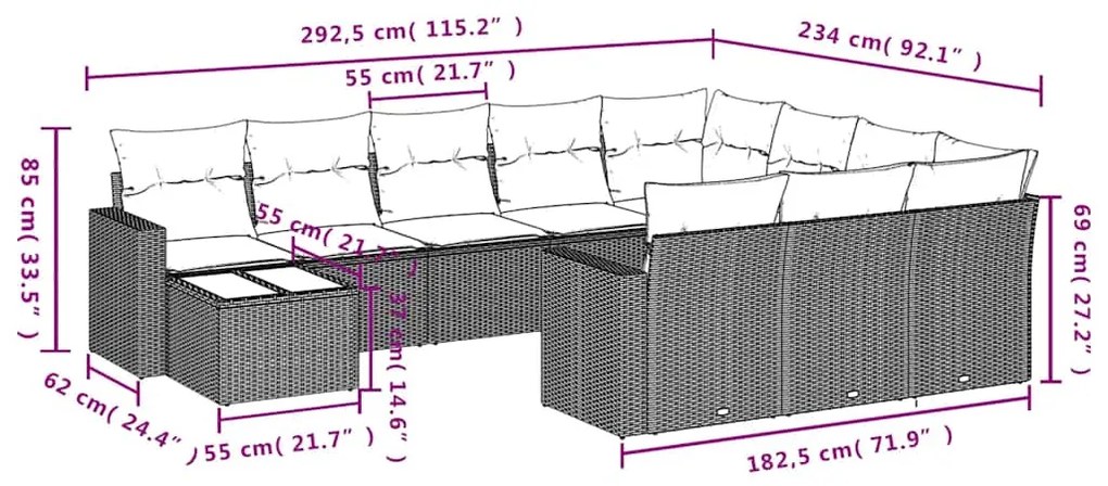 11 pcs conjunto sofás de jardim c/ almofadões vime PE cinzento