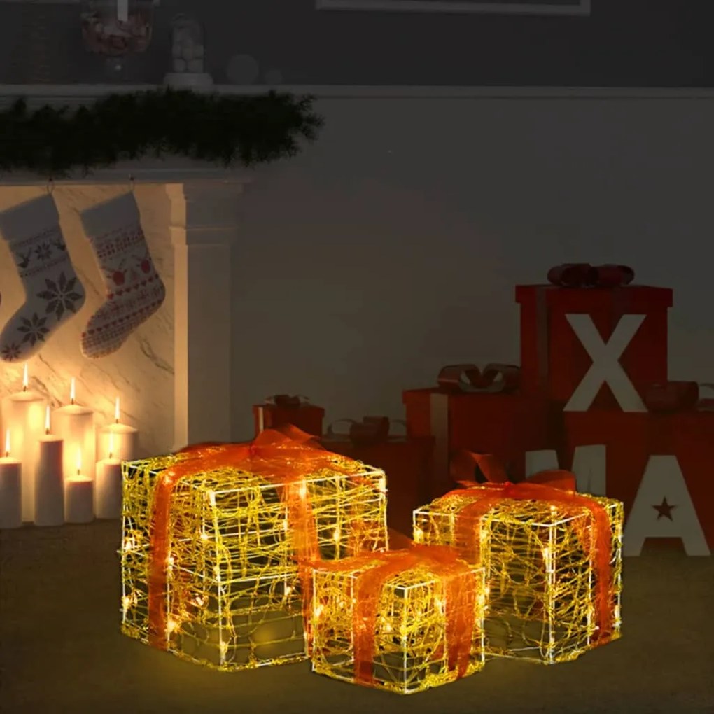 328790 vidaXL Caixas presentes Natal decorativas 3pcs acrílico branco quente