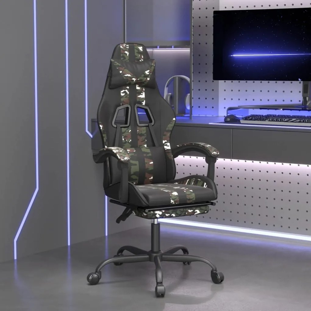 vidaXL Cadeira gaming c/ apoio pés couro artificial preto e camuflado