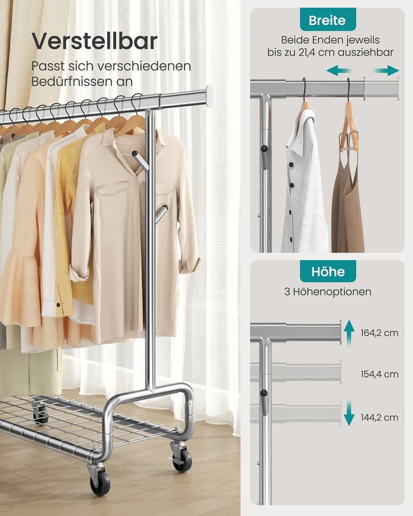 Guarda roupa aberto, Cabide ajustavel com rodas, com prateleira e ganchos 47,5 x (107-149,8) x (144,2-164,2) cm prateado