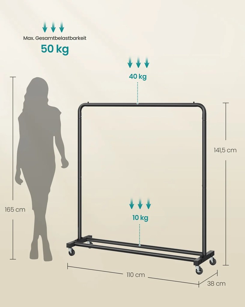 Guarda roupa cabideiro 38 x 110 x 141,5 cm com rodas para arrumação flexível, Preto