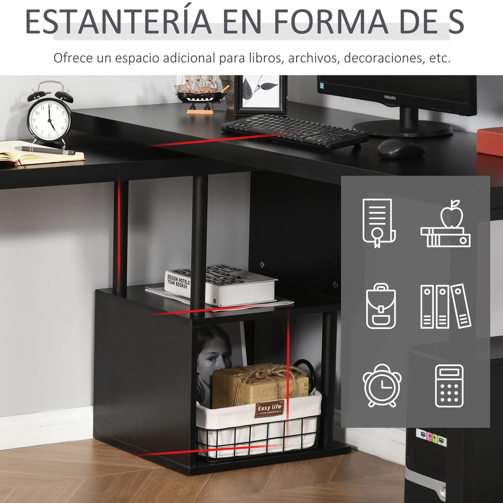 HOMCOM Secretária em Forma L Mesa para Computador Giratória 360 Graus com Múltiplas Formas Prateleiras e Grande Espaço de Armazenamento 220x55x79cm Preto