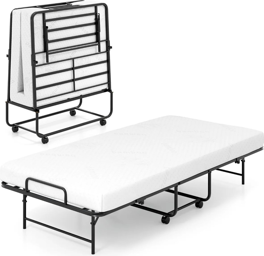 Cama portátil dobrável com colchão Estrutura metálica Rodas com fecho 194 x 90 x 40cm Branco