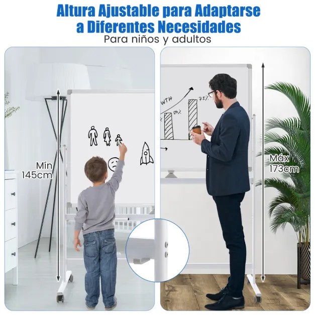 Quadro branco magnético dupla face com suporte de rotação 360° para escola, casa e mesa 56 x 128 x 145-173 cm branco