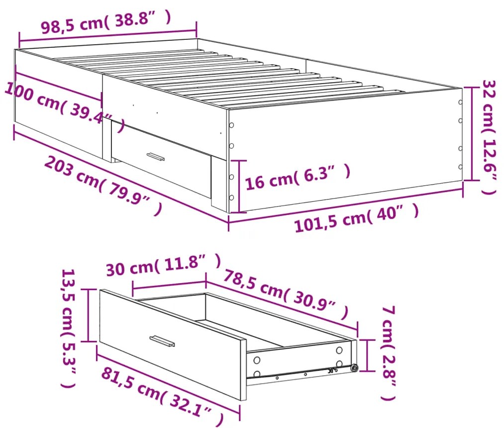 Estrutura de cama c/ gavetas 100x200cm derivados madeira branco