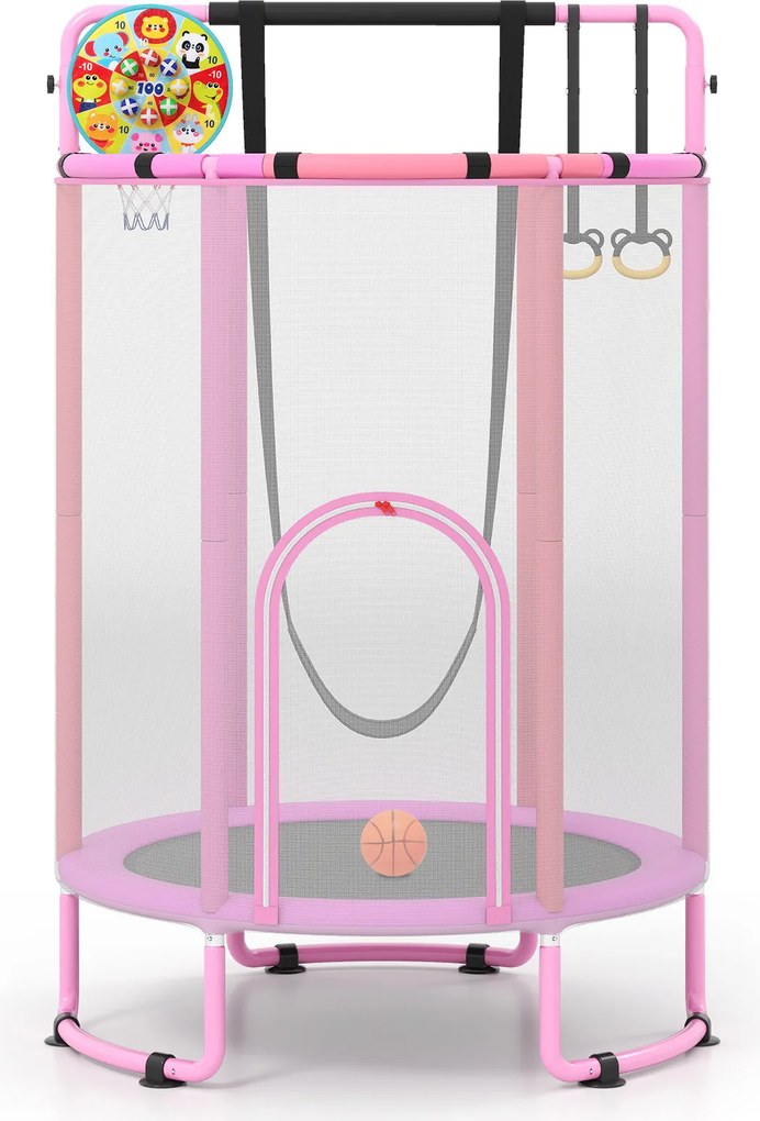 Trampolim Infantil, 140 x 140 x 214 cm, 6 em 1 com Acessórios de Brincadeira, Cor-de-rosa